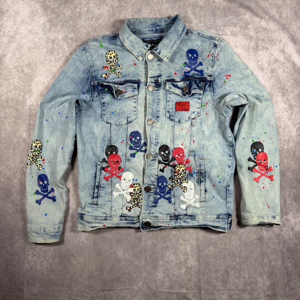 Reason Clothing Mens XS Acid Wash Denim Jacket Skulls Paint Splatter Blue Edgy